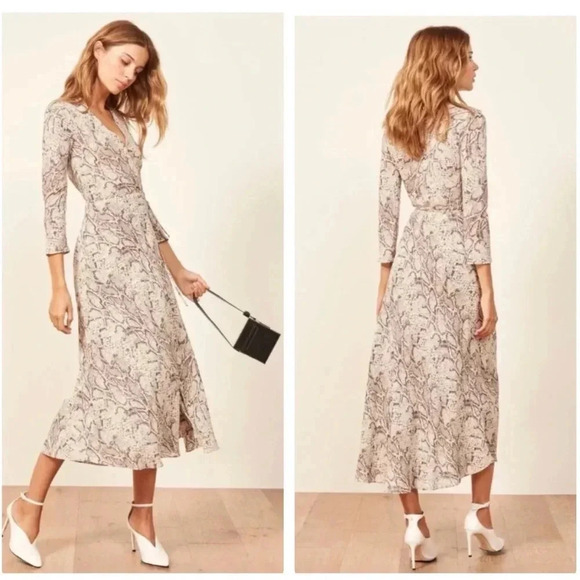 REFORMATION | Taupe Python Animal Print Crepe Wrap High Slit Midi Dress Size S - Picture 2 of 7